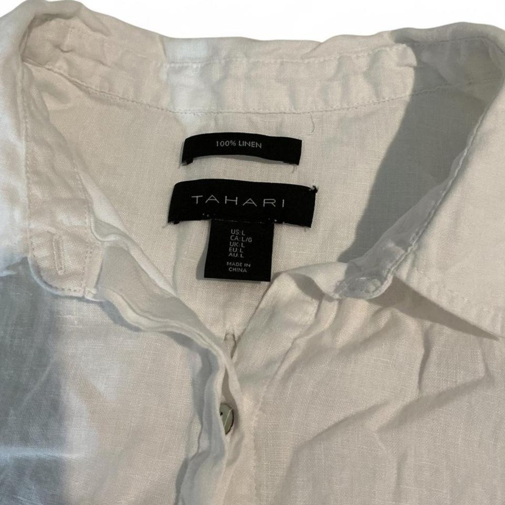 Tahari‎ Linen Button Down Tunic Women L White Good Sleeveless Longline Shirt